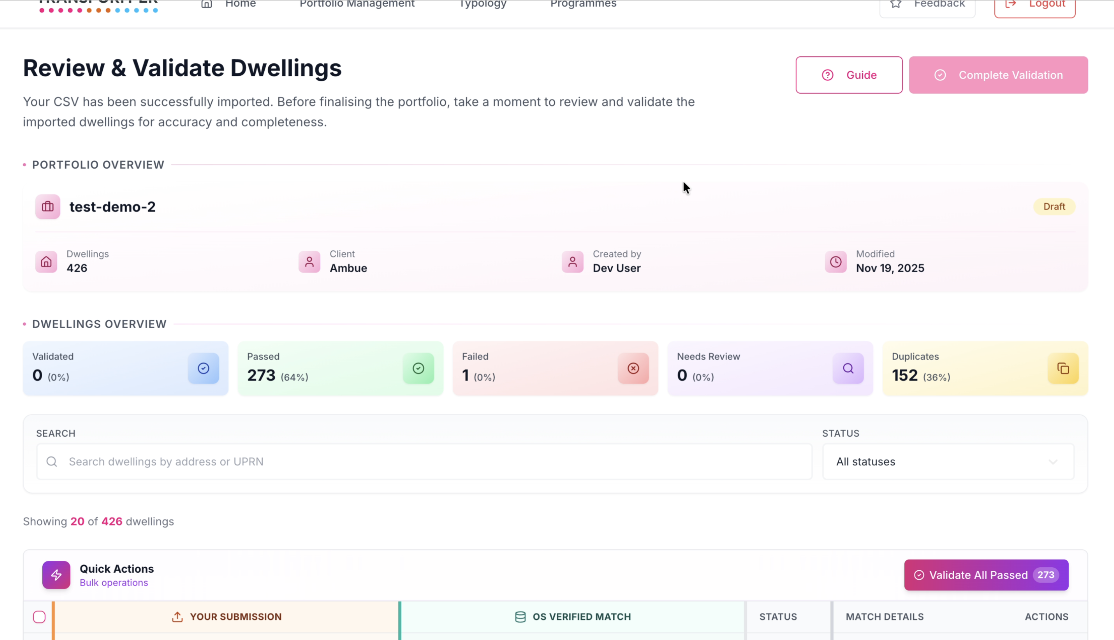 Validation summary with duplicates flagged